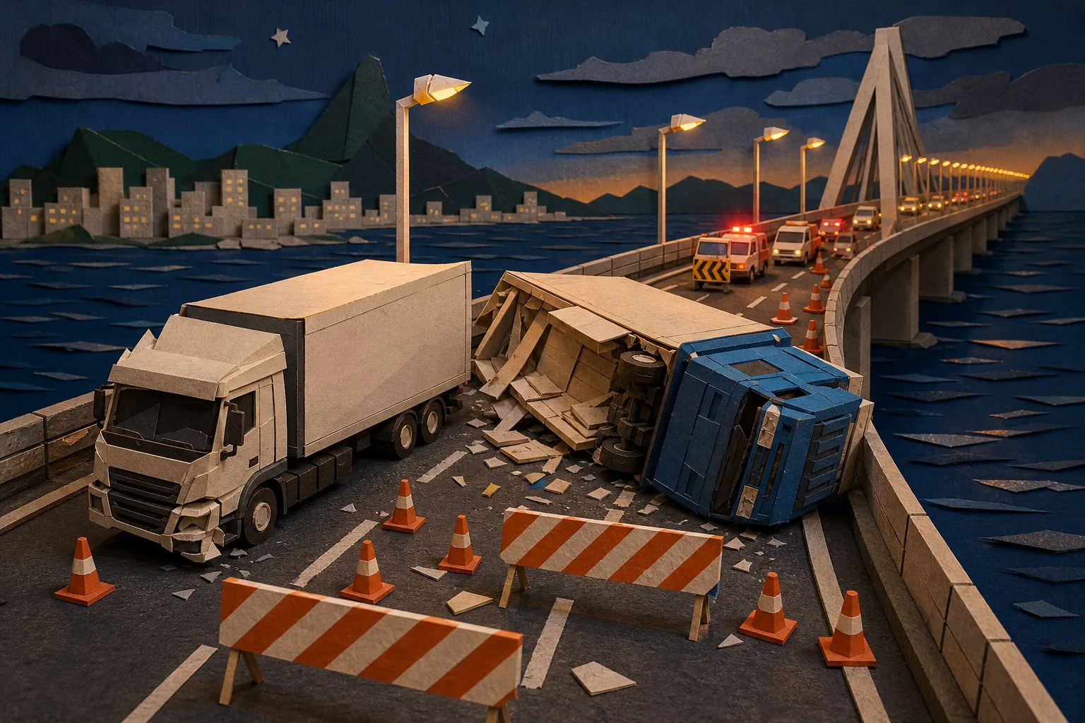 Acidente com dois caminhões bloqueia totalmente a Ponte Rio-Niterói rumo à capital