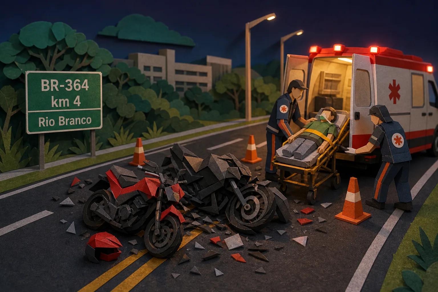 Acidente entre duas motos deixa um morto e dois feridos na BR-364 em Rio Branco