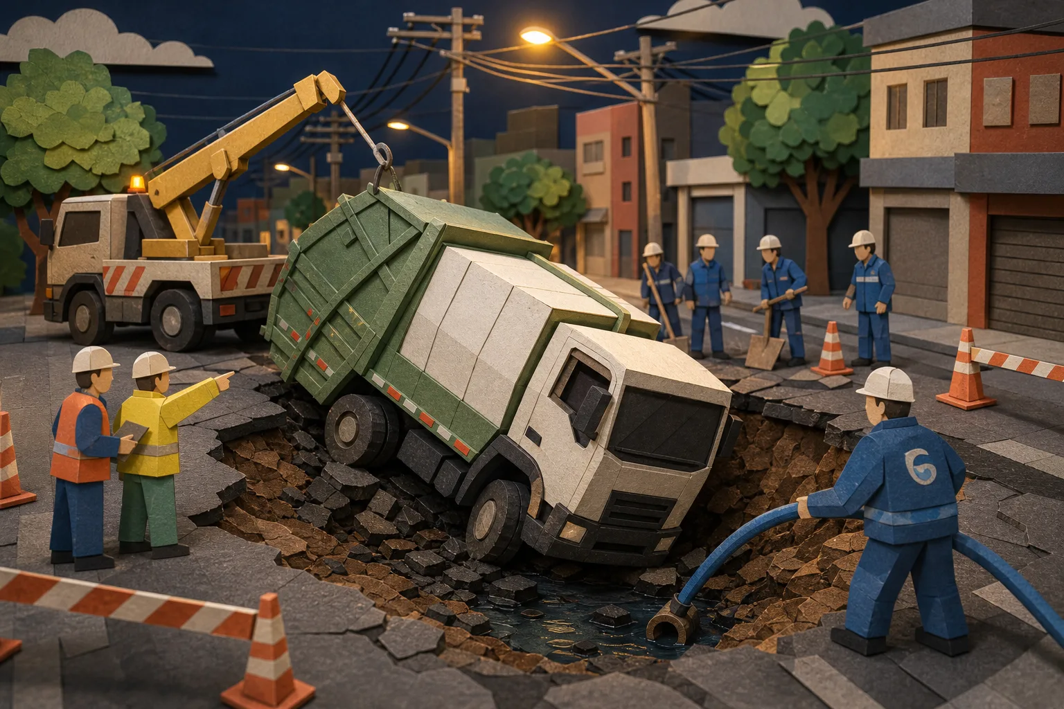 Asfalto cede e caminhão de coleta de resíduos tomba em buraco em Osasco