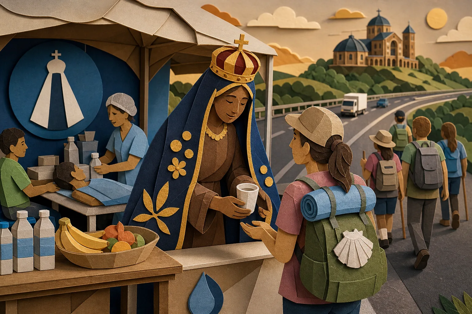 Assistente social acolhe peregrinos na Dutra caracterizada de Nossa Senhora