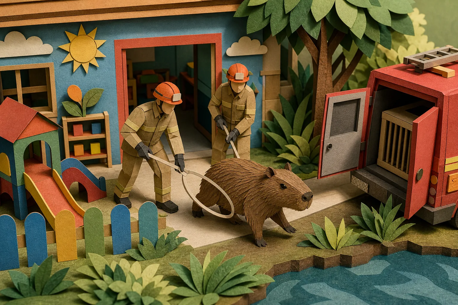 Bombeiros capturam capivara encontrada dentro de unidade infantil em Guaratinguetá