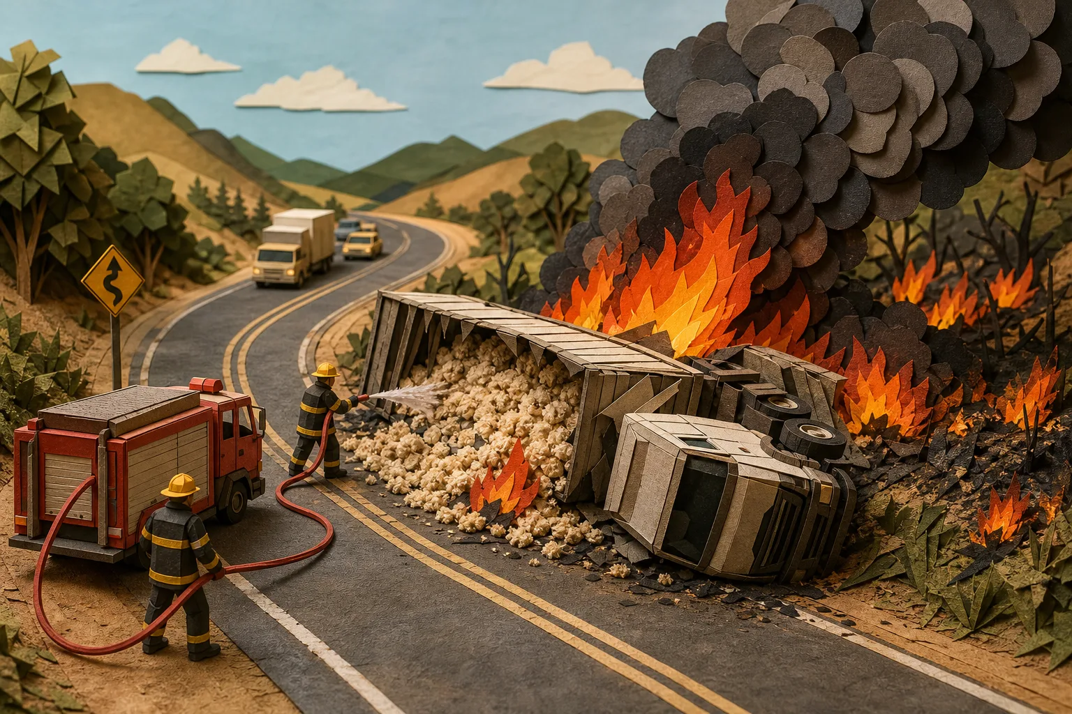 Caminhão carregado tomba e é destruído por incêndio na rodovia MA-007