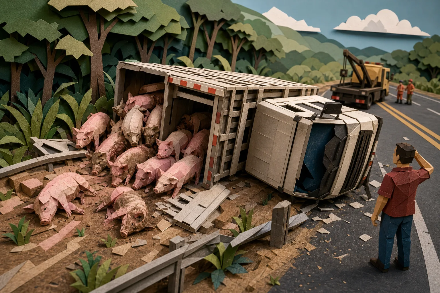 Caminhão com carga de suínos tomba na BR-317 após pane mecânica no Acre