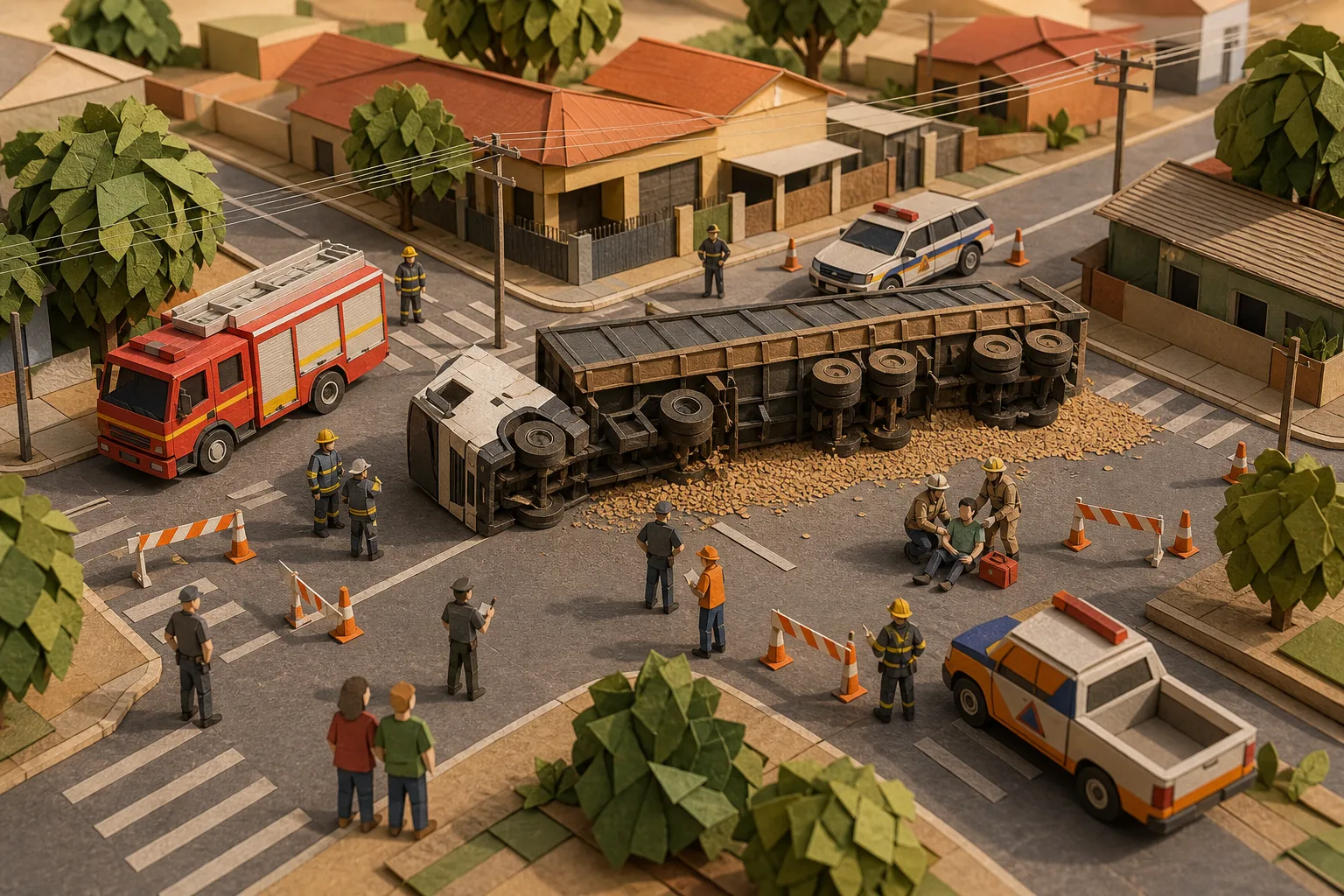 Caminhão tomba no Centro de Salmourão e bloqueia cruzamento de cinco ruas