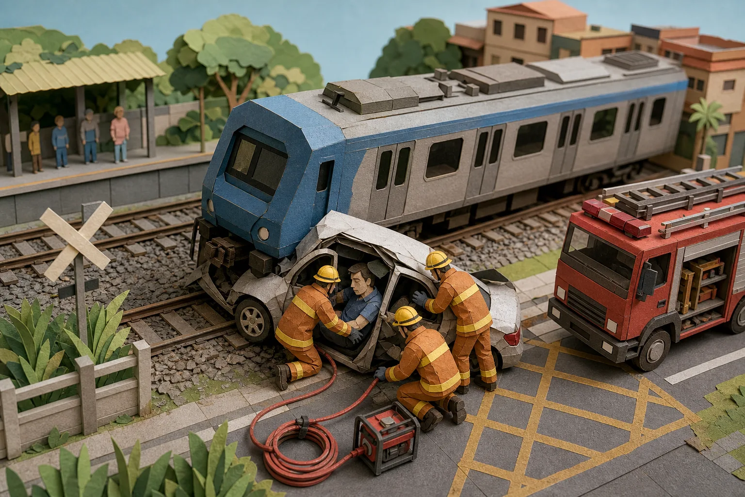 Carro cruza linha férrea de forma irregular e colide com trem em Duque de Caxias