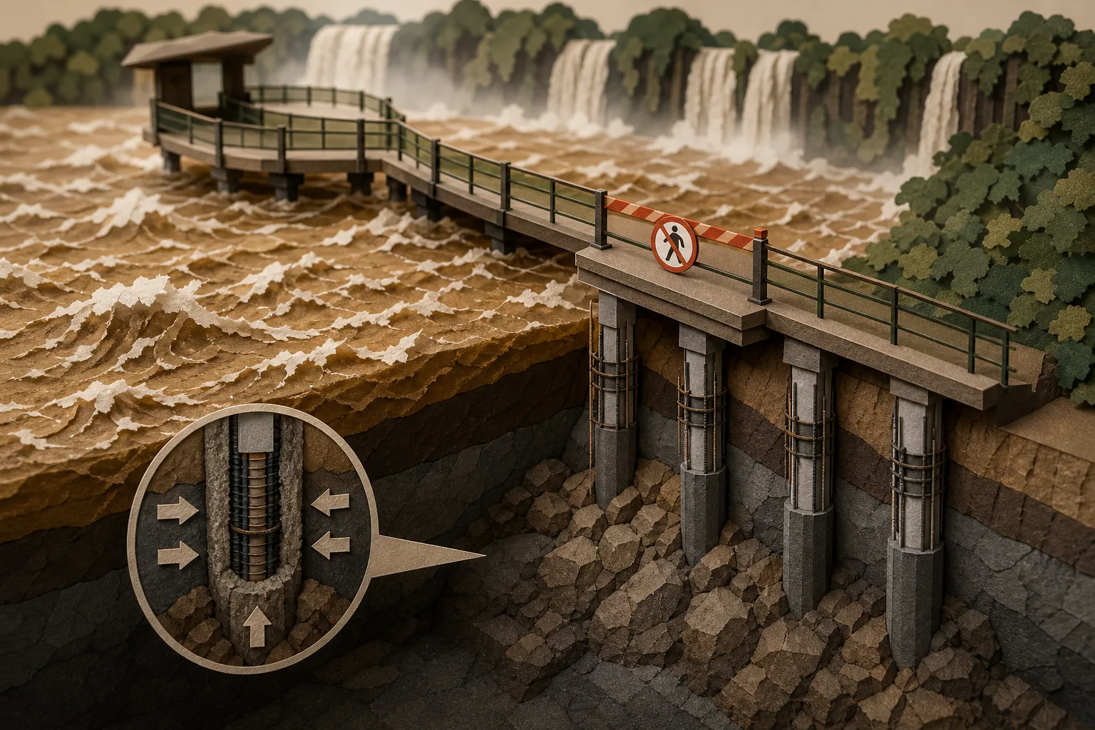 Cheia no Rio Iguaçu submerge mirante e fundações profundas garantem estabilidade