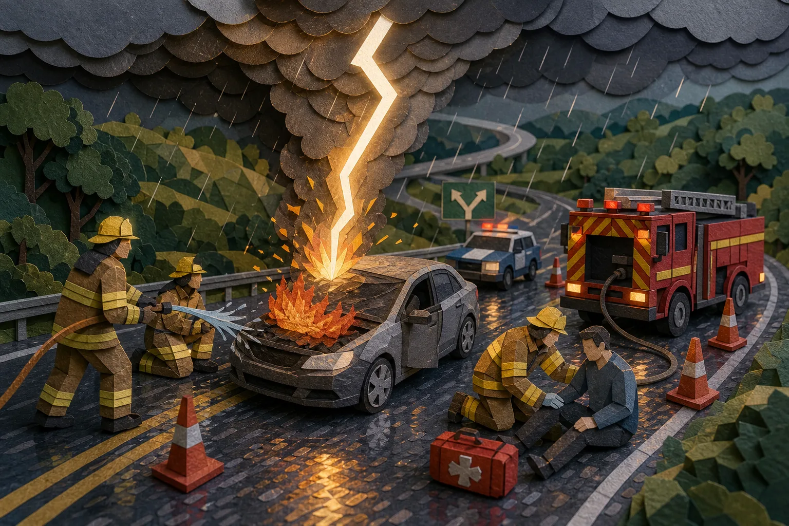 Descarga elétrica atinge automóvel e provoca incêndio na BR-356 em Itaperuna