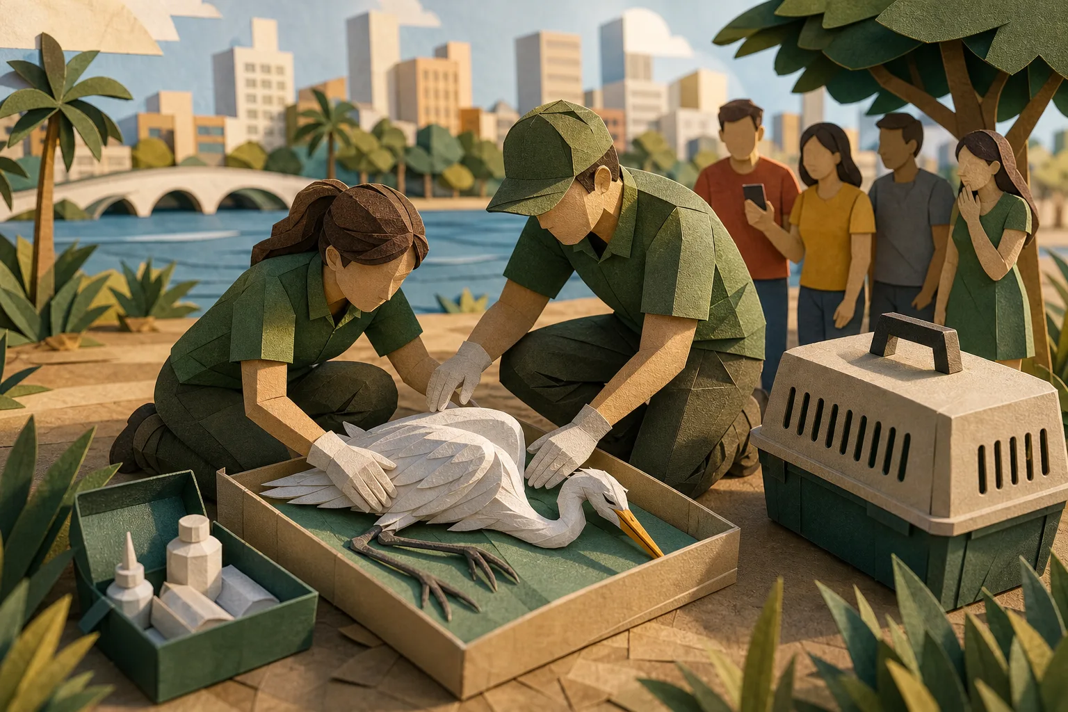 Equipe ambiental socorre garça bastante fraca na Zona Sul de Aracaju