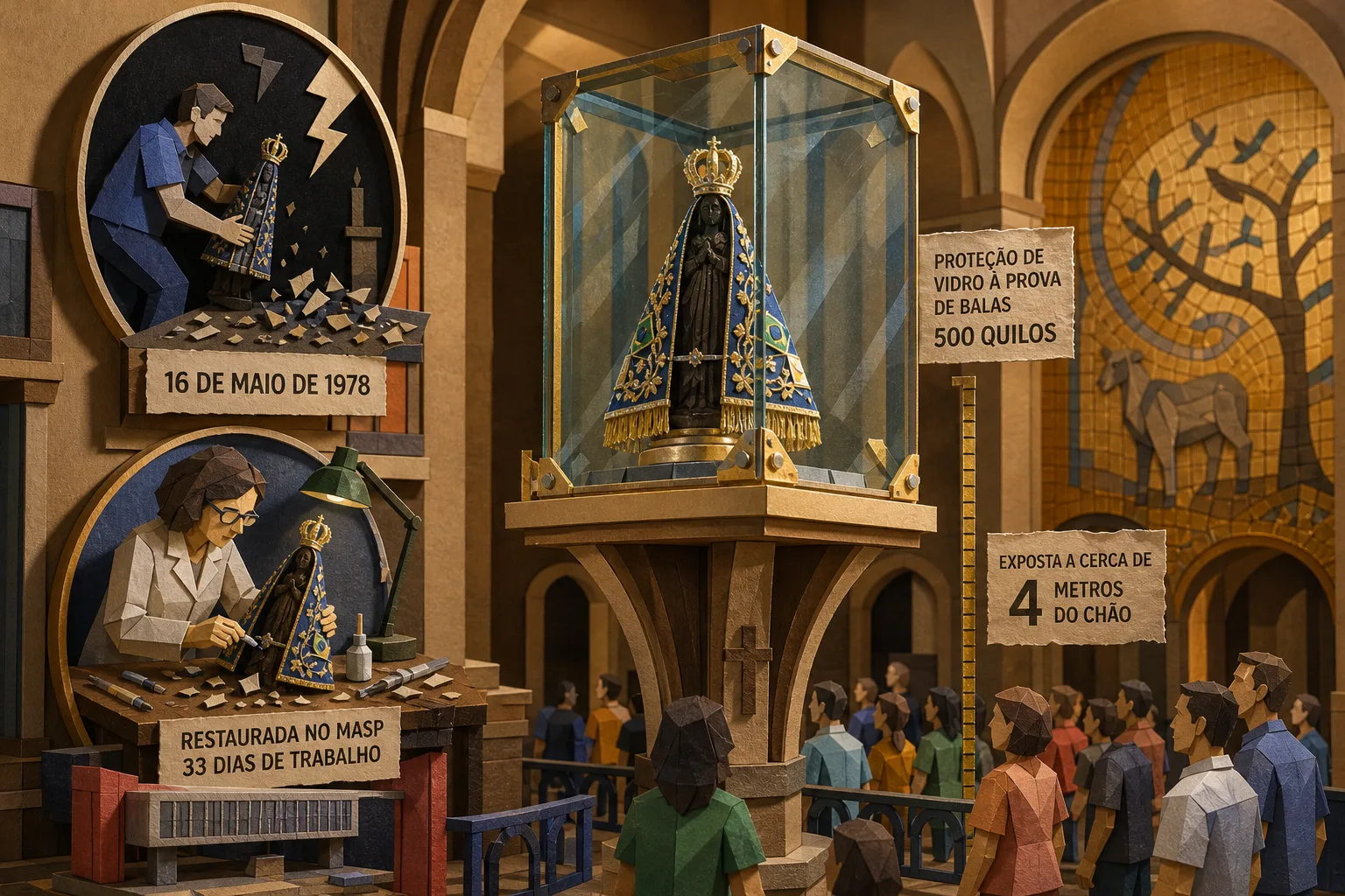 Escultura de Nossa Senhora Aparecida fica sob proteção de vidro com meia tonelada