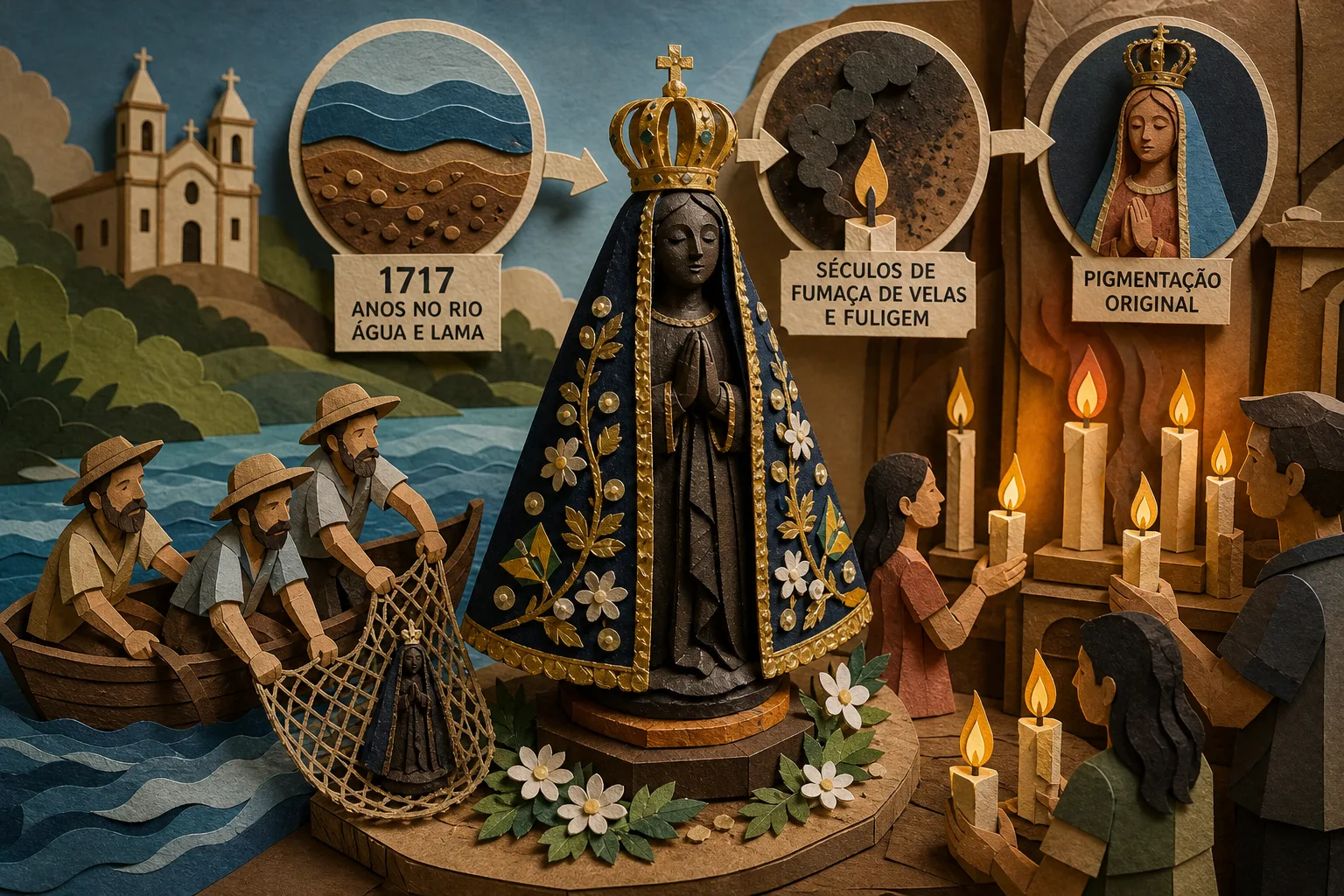 Fatores históricos e fumaça de velas explicam tom escuro de Nossa Senhora Aparecida