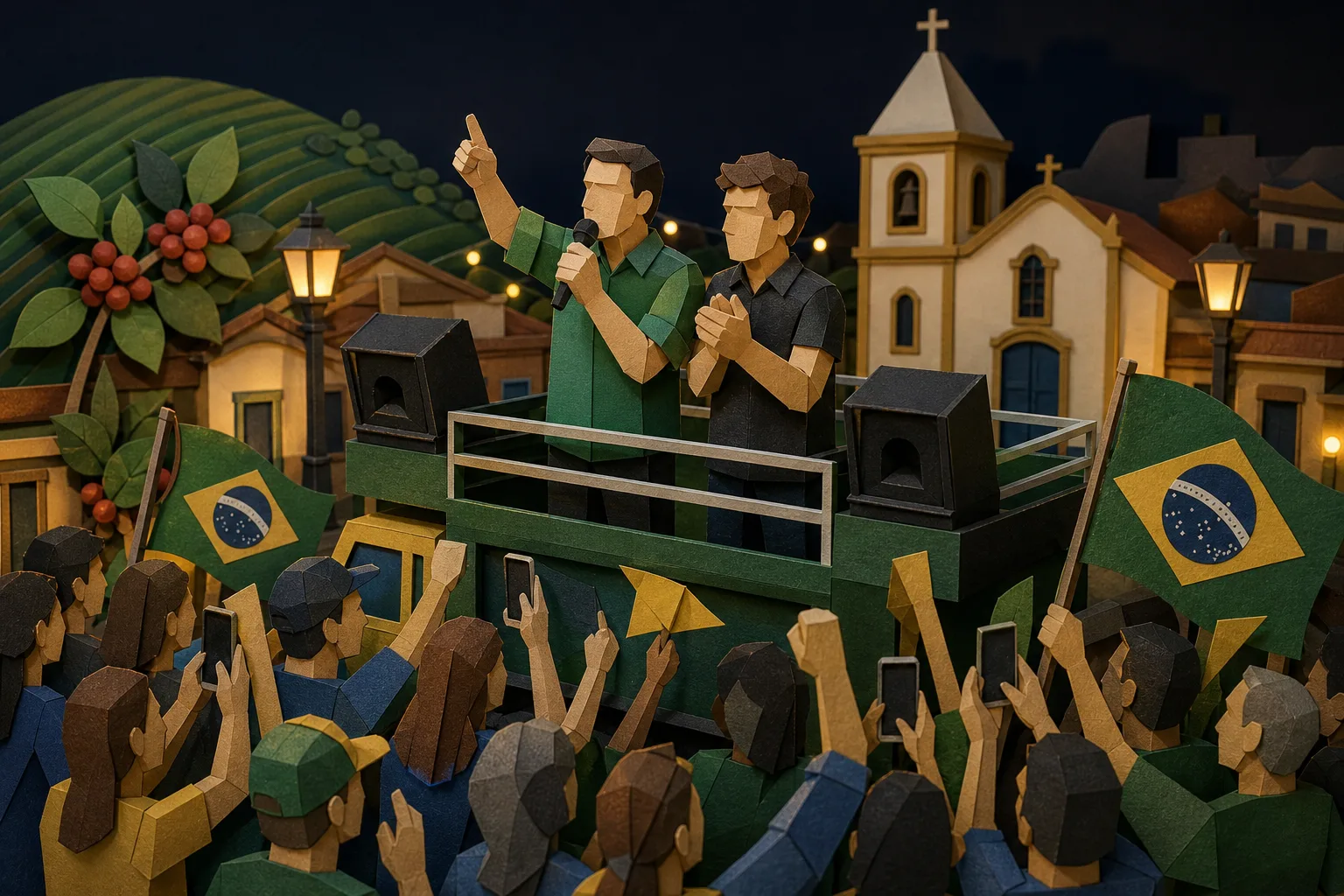 Flávio Bolsonaro discursa ao lado de Nikolas Ferreira durante ato em Capelinha