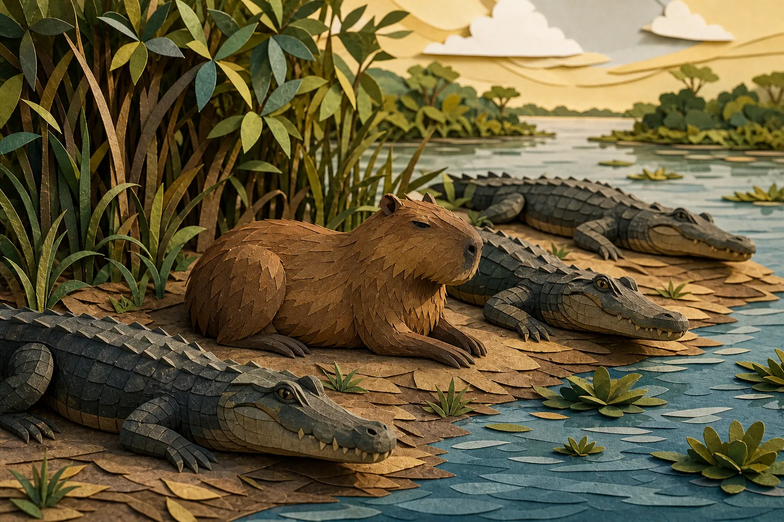 Gravação no Pantanal registra roedor repousando tranquilamente junto a jacarés