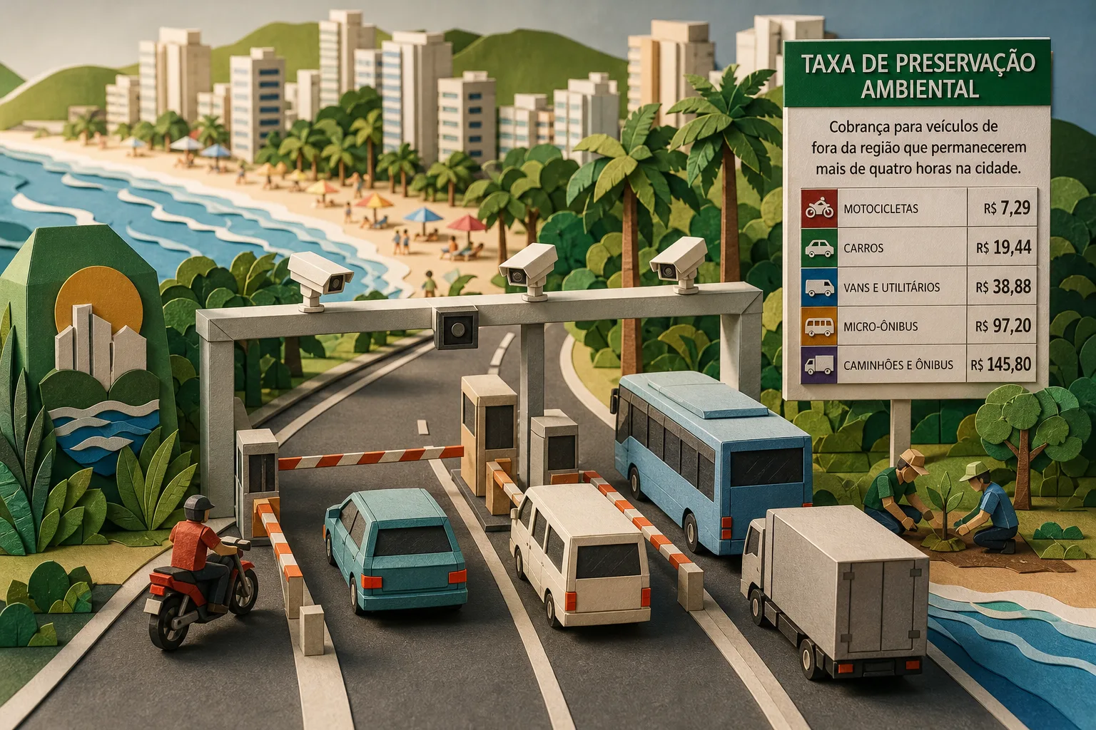 Guarujá prepara cobrança de taxa ambiental para automóveis de fora em 2027