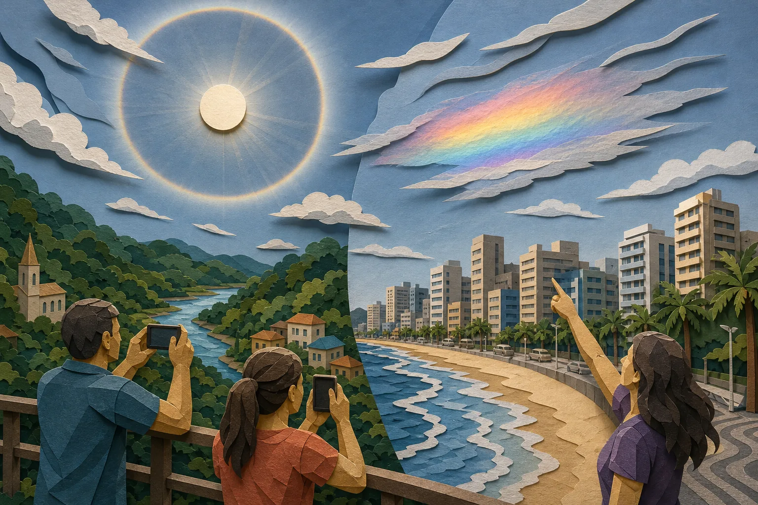 Halo solar e nuvem iridescente são registrados no interior e litoral de SP