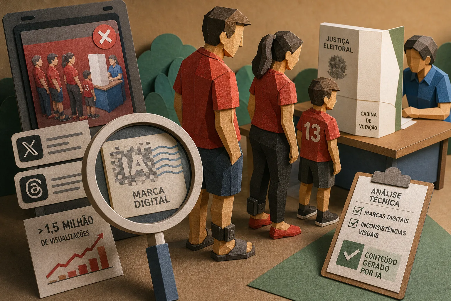 Imagem de eleitores de vermelho usando tornozeleira em fila de votação foi gerada por IA