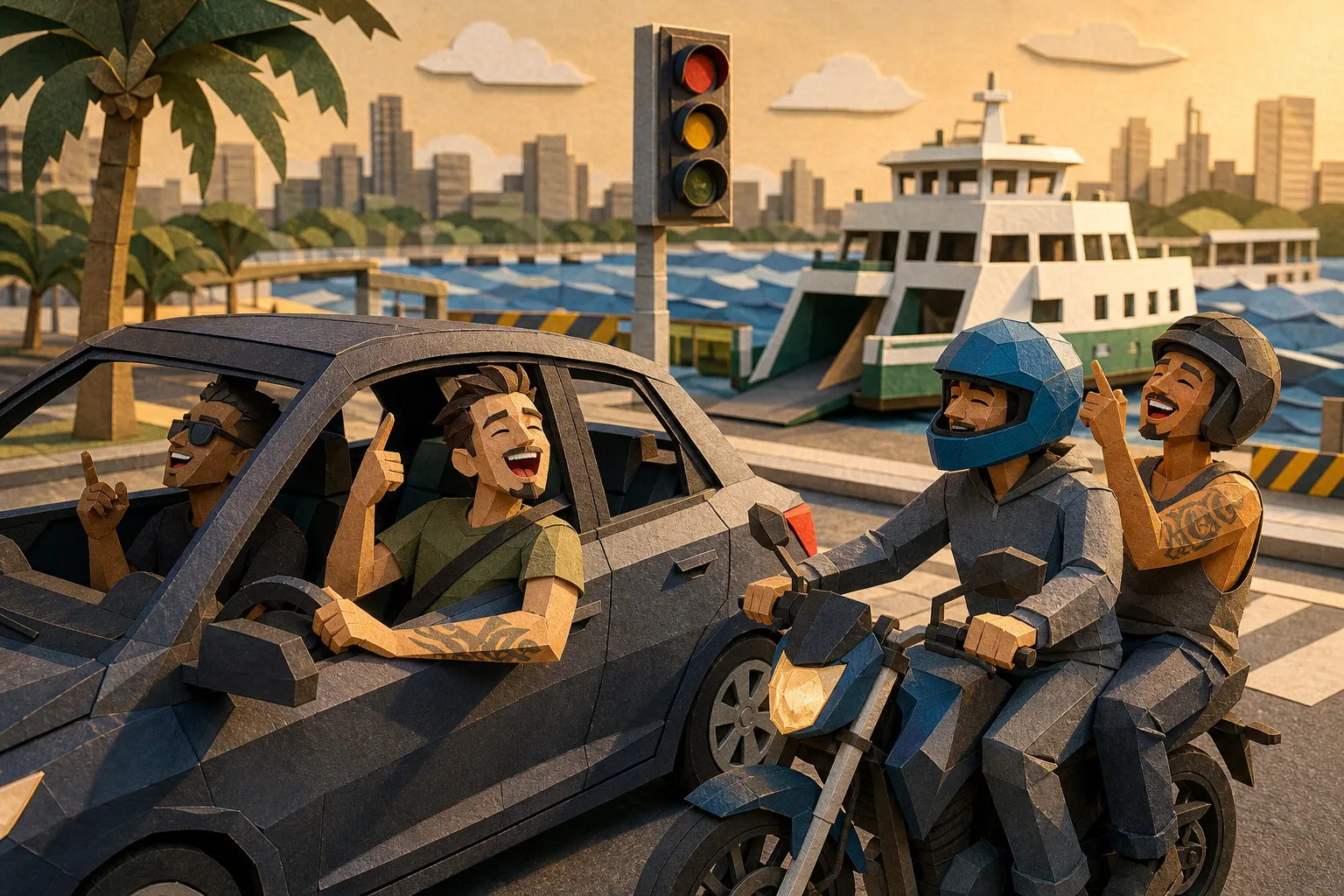 Jovens em automóvel e condutores de moto sincronizam dança no trânsito de Santos