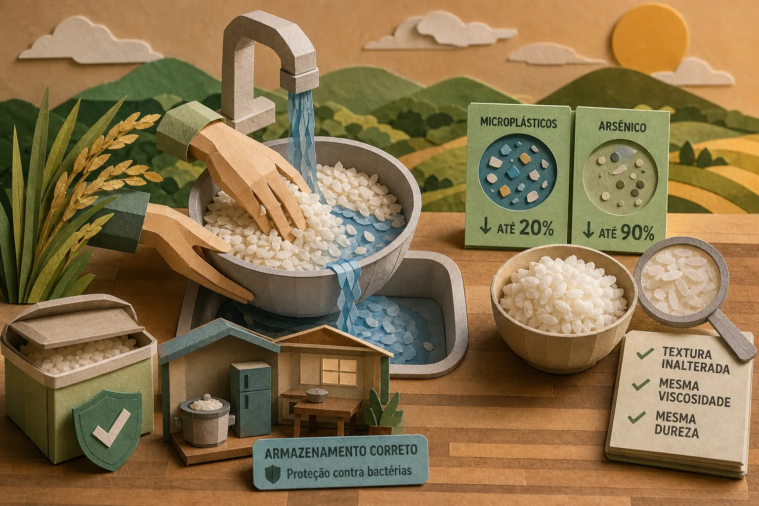 Lavar o arroz reduz microplásticos e arsênio mas não altera a textura do grão