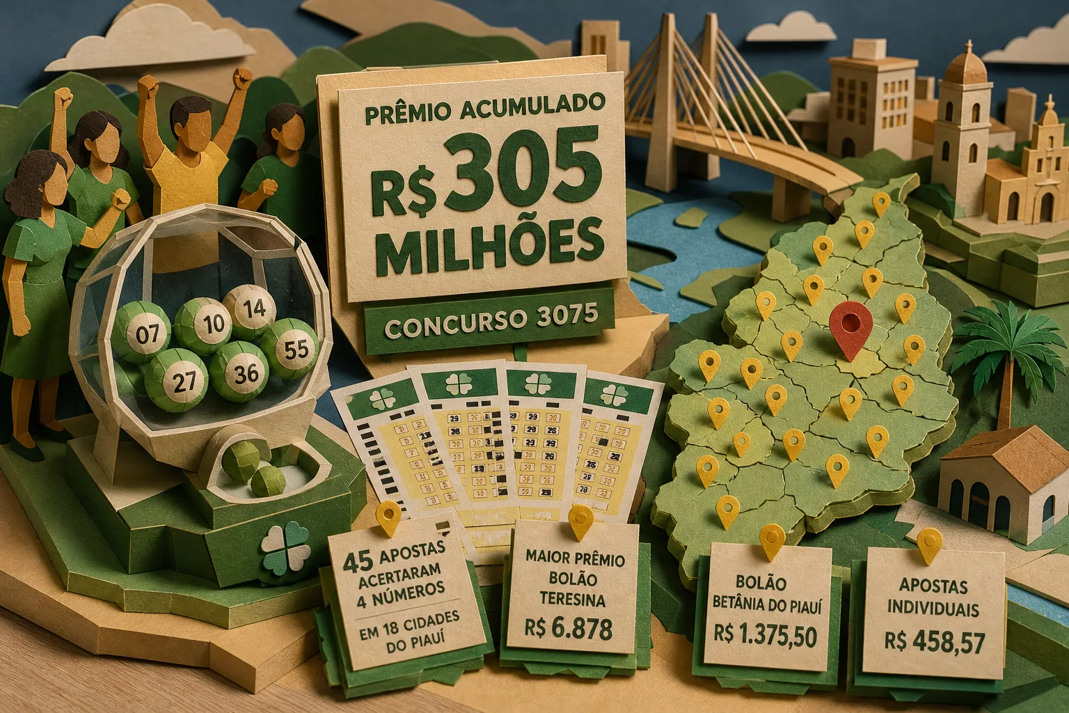 Mega-Sena 3075 acumula em R$ 305 milhões e premia dezenas de apostadores piauienses