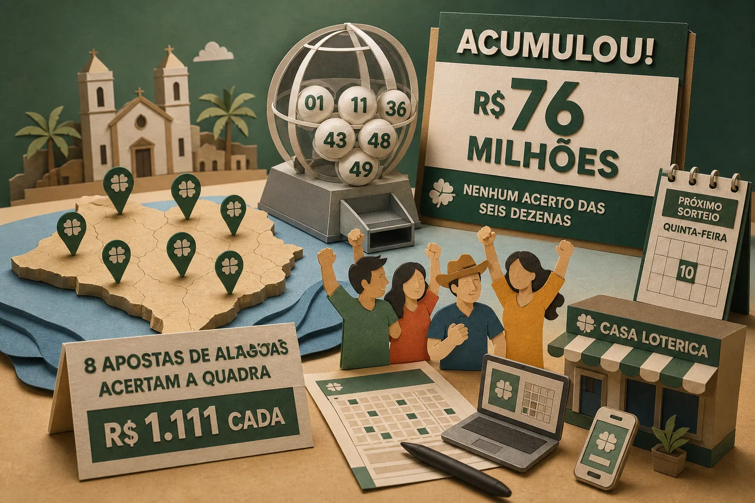 Mega-Sena acumula em R$ 76 milhões e oito apostas de Alagoas acertam a quadra