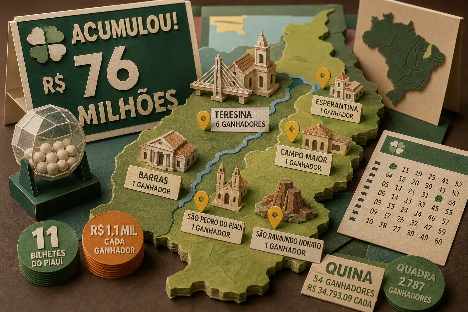 Mega-Sena acumula em R$ 76 milhões e premia onze bilhetes do Piauí na quadra
