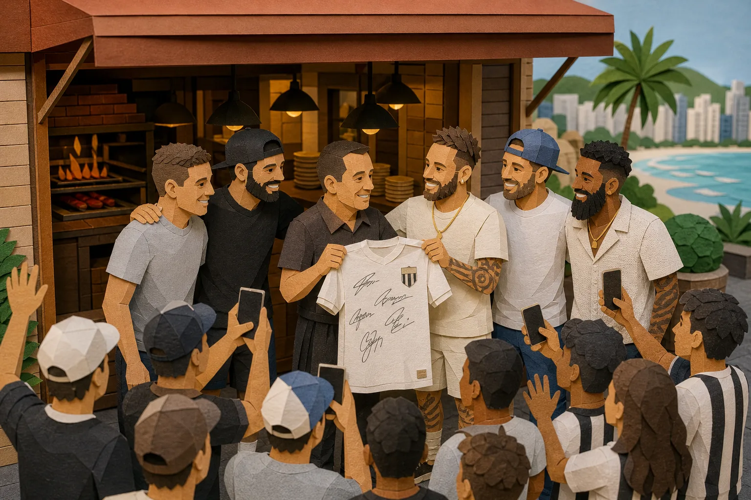 Neymar se reúne com grupo de atletas em Santos e atrai dezenas de torcedores