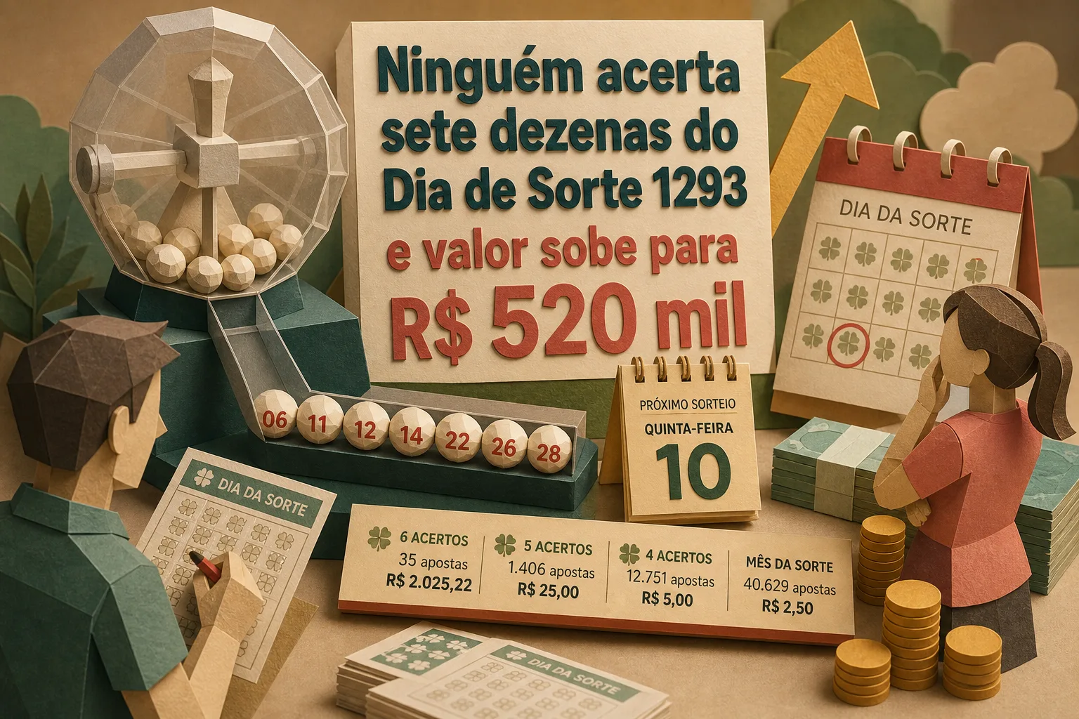 Ninguém acerta sete dezenas do Dia de Sorte 1293 e valor sobe para R$ 520 mil