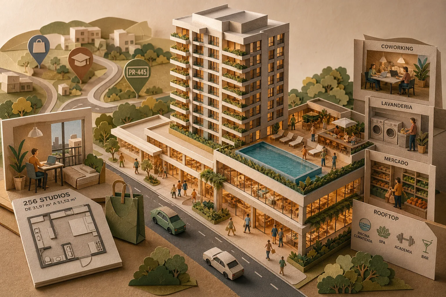 Novo complexo de uso misto reúne 256 studios e galeria comercial no Terra Bonita