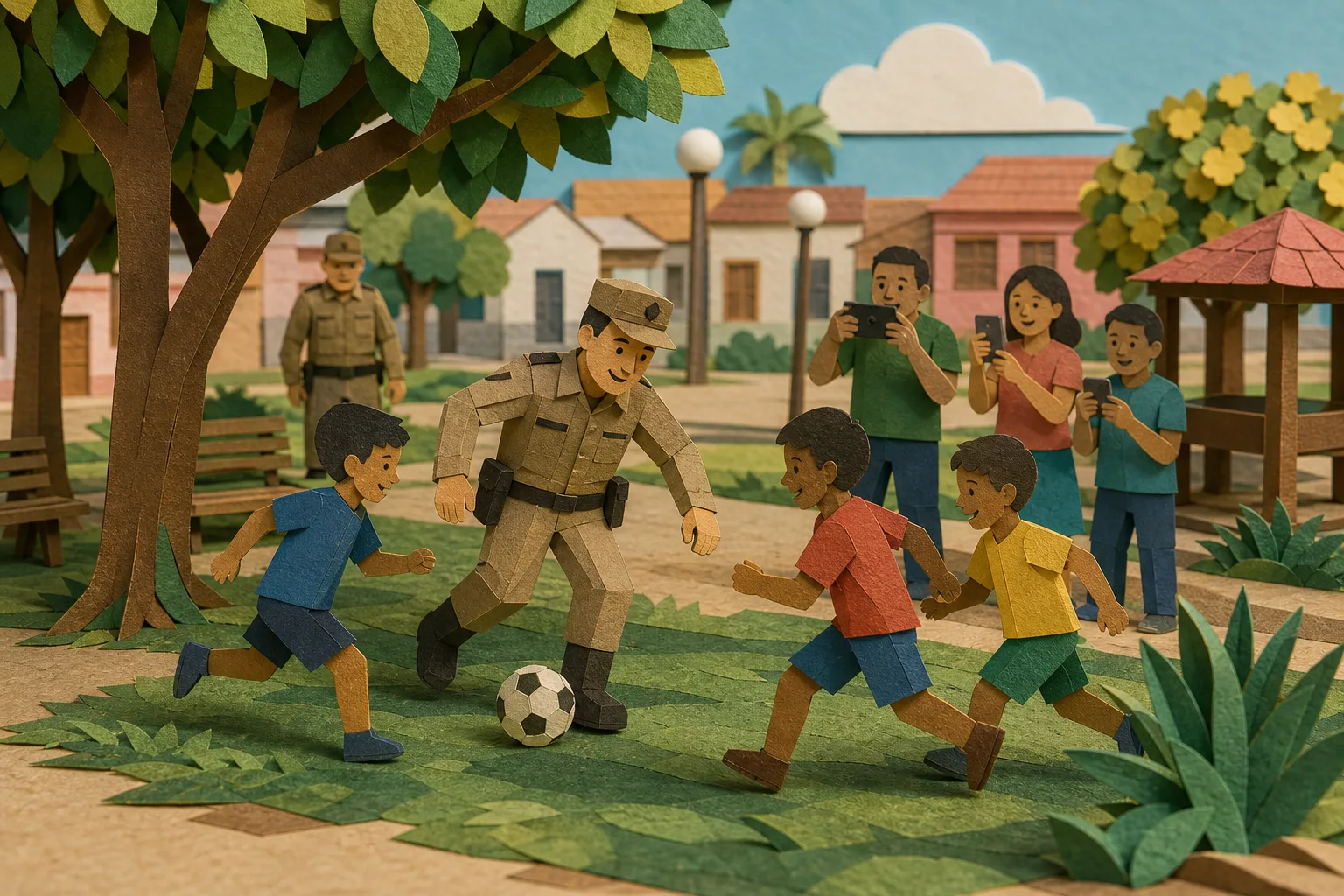 Oficial da PM disputa partida de futebol com jovens em praça de Colinas do Tocantins