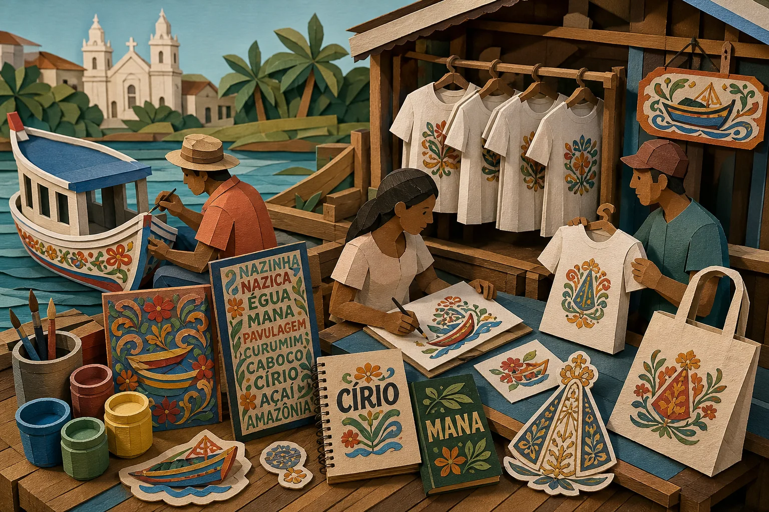Pintura tradicional de barcos amazônicos estampa linha especial para o Círio
