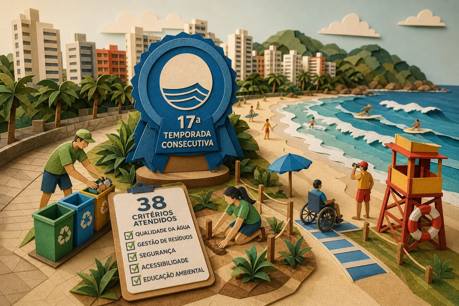 Praia do Tombo em Guarujá obtém selo Bandeira Azul pela 17ª temporada consecutiva