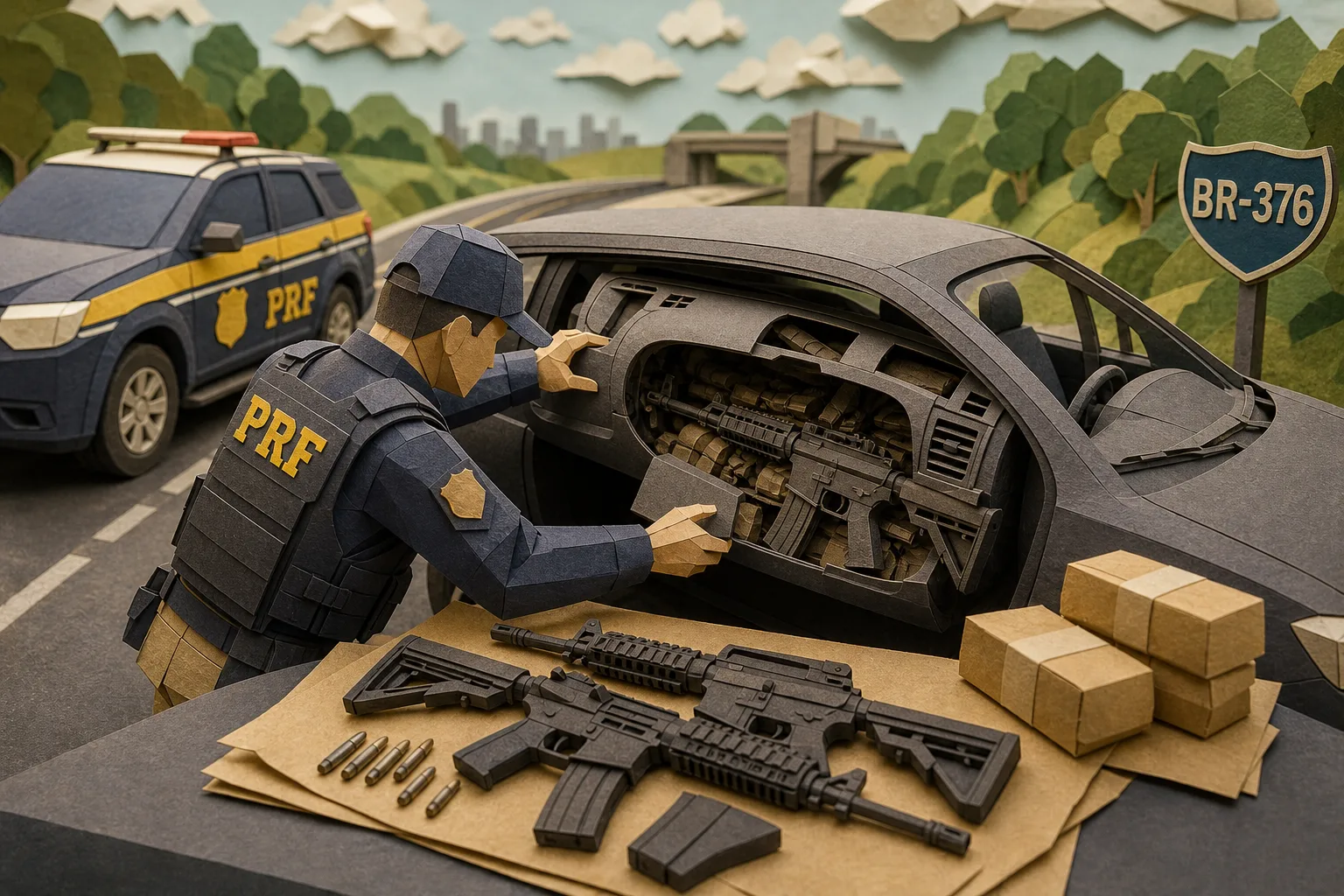 PRF apreende armamento de guerra escondido em automóvel na BR-376 no Paraná