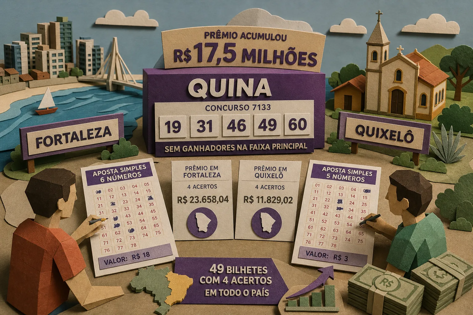Quina tem bilhetes premiados em Fortaleza e Quixelô após acumular