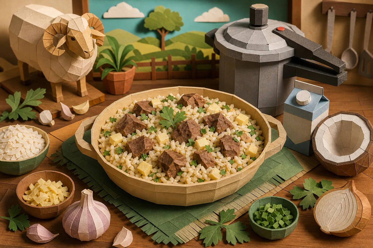 Receita de arroz com carne de carneiro combina leite de coco e muçarela
