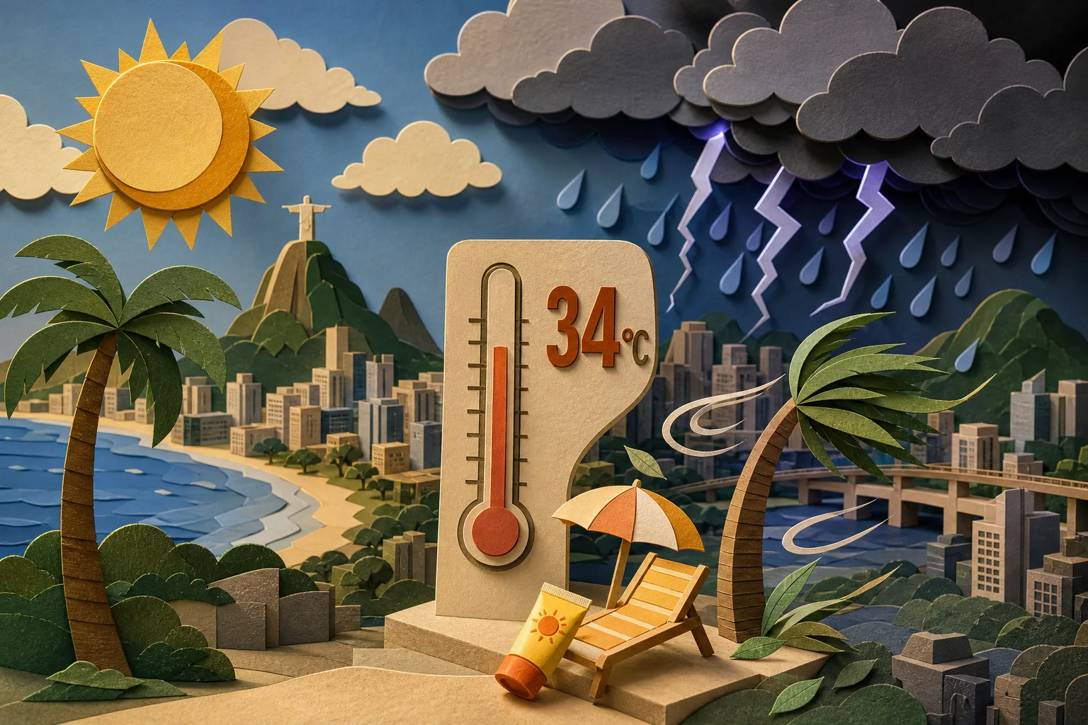 Região Metropolitana do Rio terá termômetros em 34°C e pancadas de chuva com raios