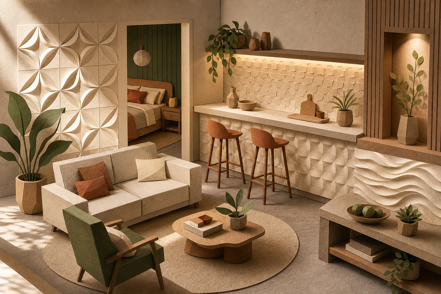 Revestimentos com relevo e volume valorizam a decoração de interiores residenciais