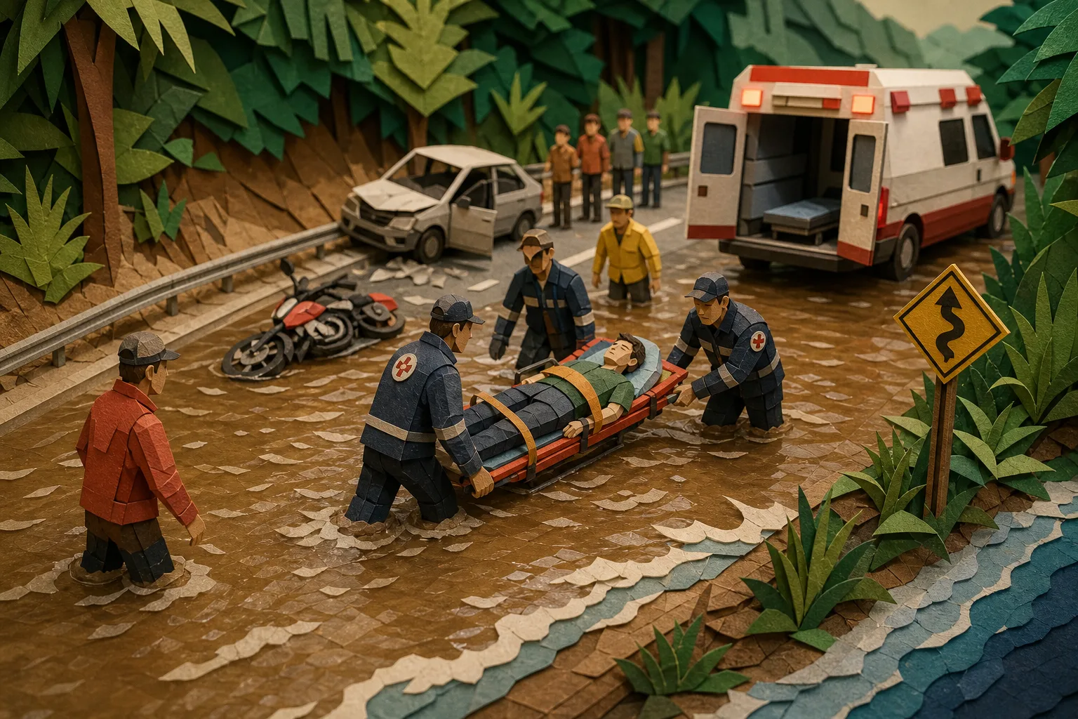 Socorristas atravessam pista inundada para socorrer motociclista no interior de SP