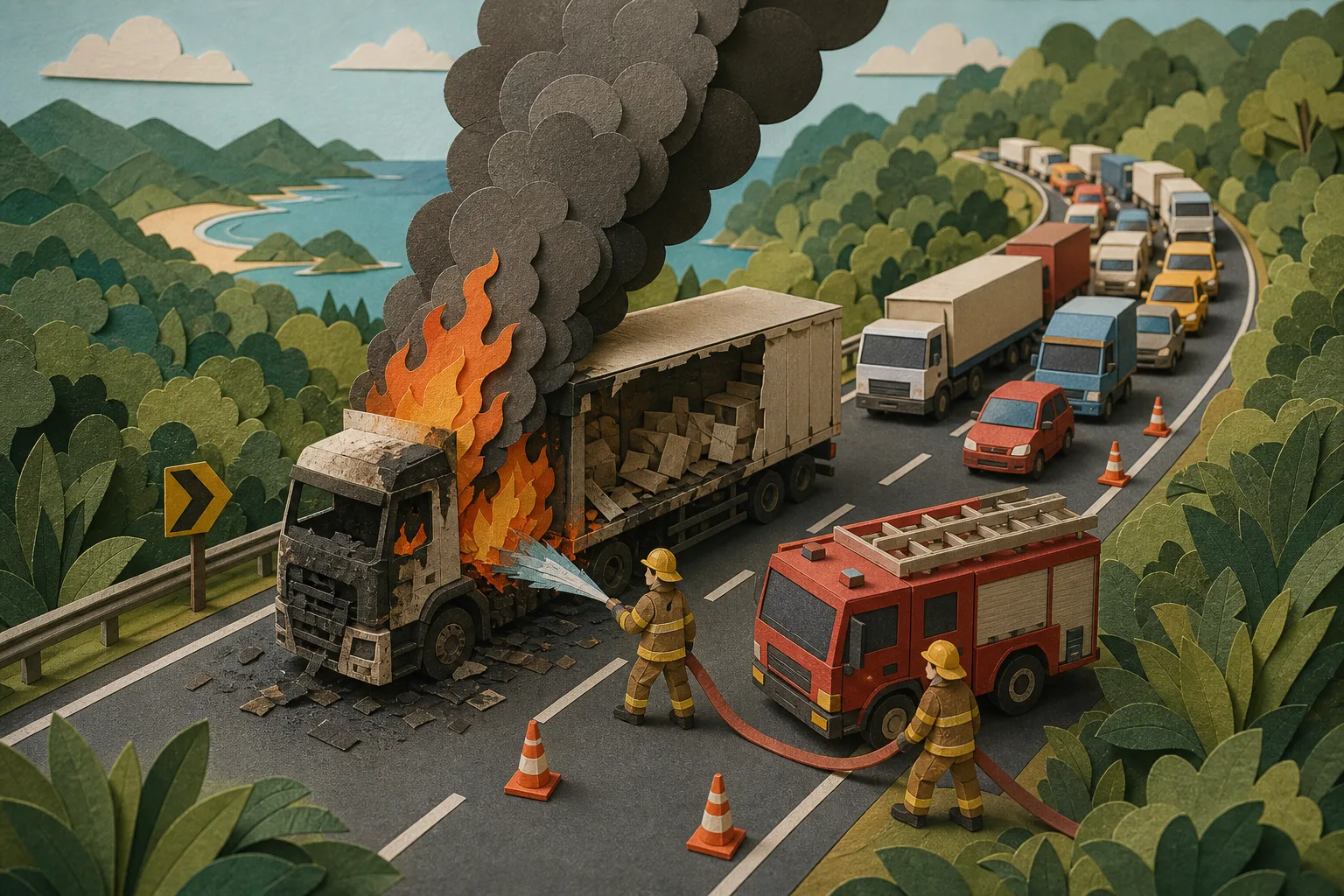 Veículo com carga pega fogo e bloqueia a BR-376 no litoral do Paraná
