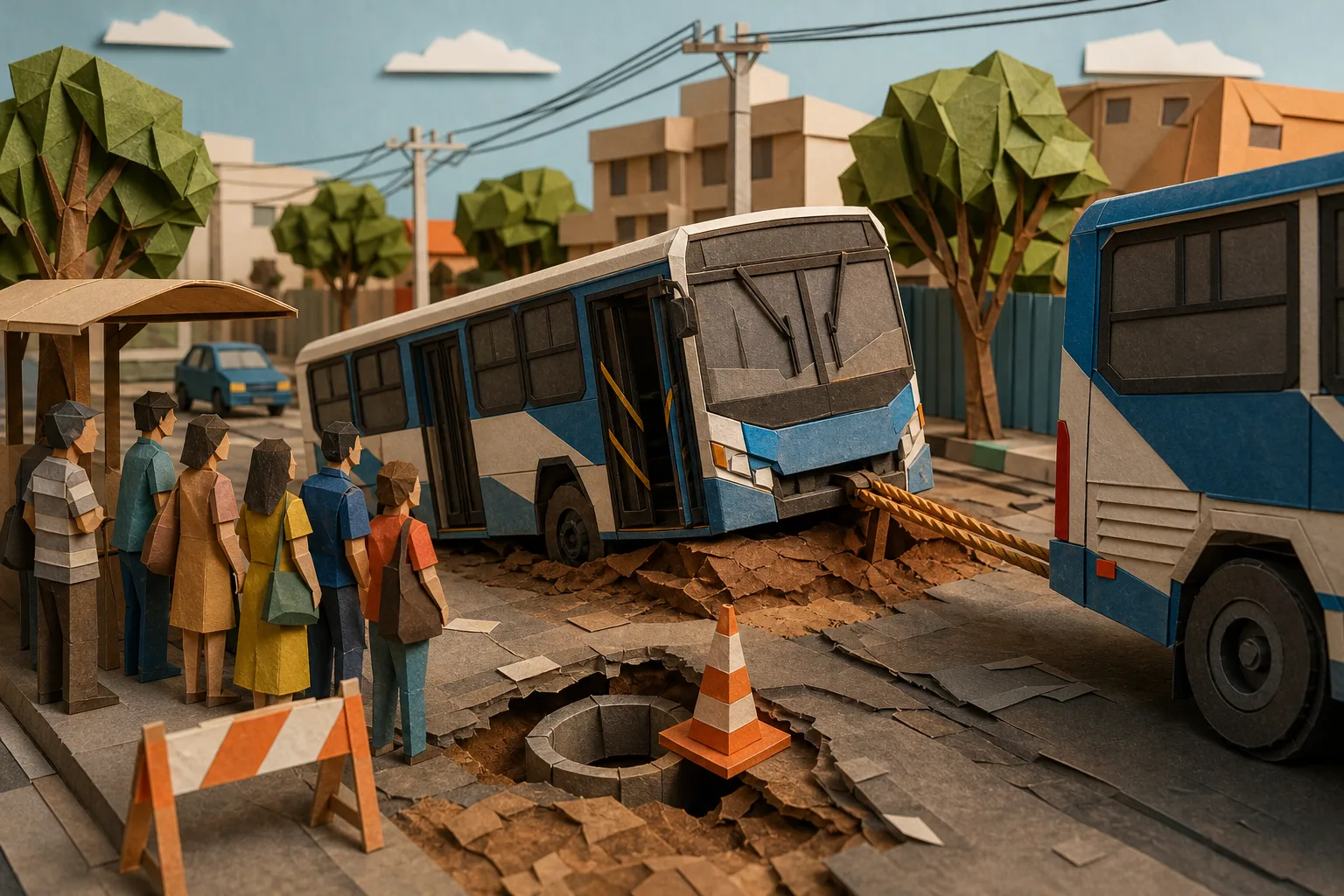 Veículo do transporte coletivo fica preso em buraco e é socorrido em Campo Grande